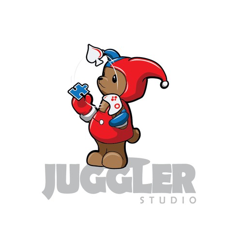 cute logo, video game developer with an Harlequin character.