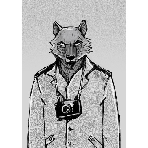 Create a strong male wolf surrounded by photography.