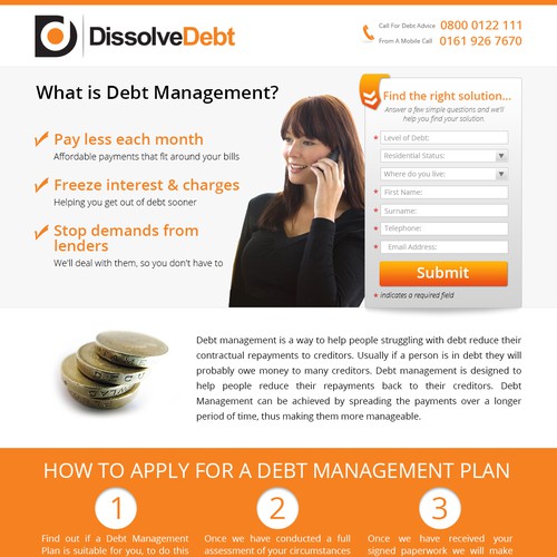 Lead generating landing page for Dissolve Debt