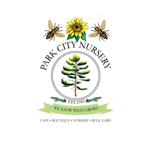 Logo designed for Park City Nursery. Here I did hand drawing with watercolor Bees, Flower, and Tree.