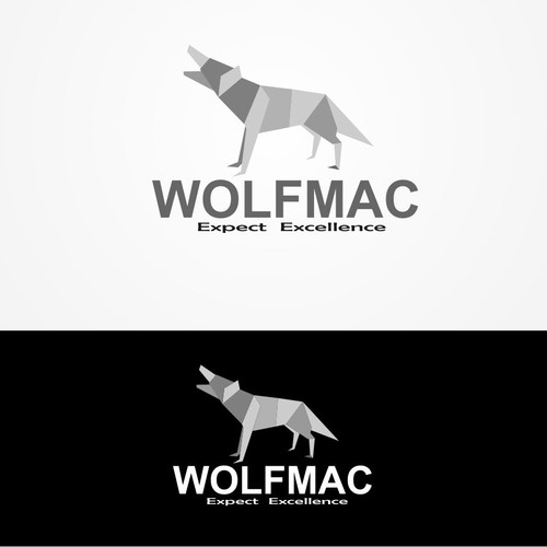 Create a modern Logo for Wolfmac , with a wolf and the wording incorporated in it WE are top qualito