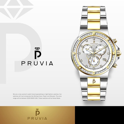 Create an iconic logo for "Pruvia" A Swiss Made watch brand for women.