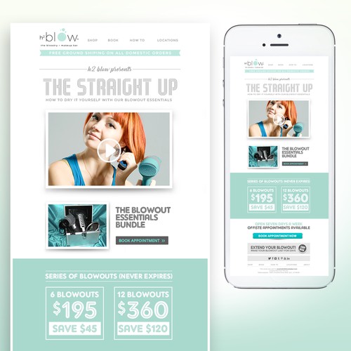 Design a modern, clean email template for a blowdry + makeup bar h2blow