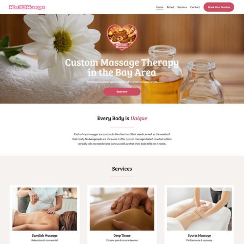 Here's the brief and recommended tags:  Miss Still Massages — Website Design