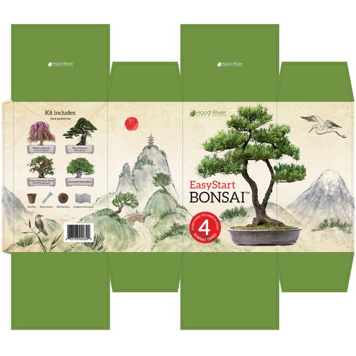 Bonsai kit box packaging design with custom hand drawn illustration.