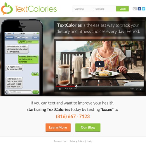 TextCalories Landing Page