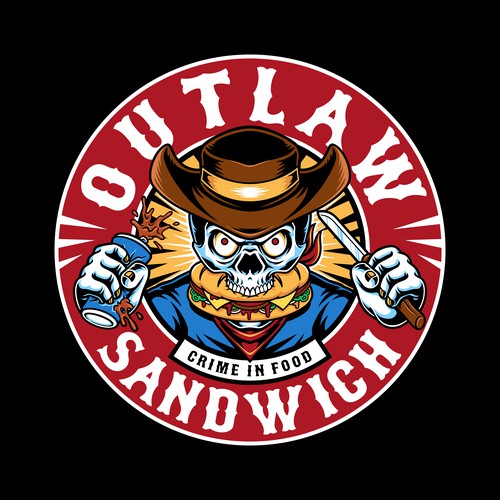 SKULL ILLUSTRATION LOGO DESIGN FOR OUTLAW SANDWICH