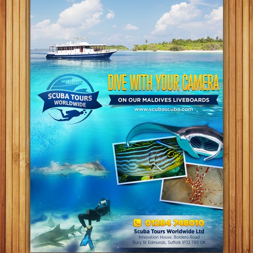 Design an A5 Print advert for a Scuba Diving Travel Company for an Underwater Photography magazine