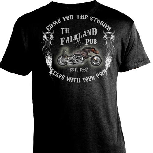 Create a  biker/country design for our historic (77year old)Falkland Pub located in British Columbia