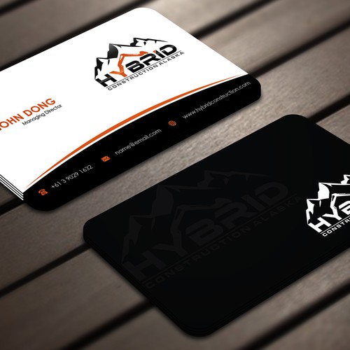 Create a unique, innovative, and bold business card for Hybrid Construction