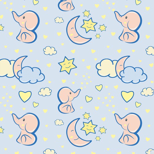 Pattern for Baby Product with Elefants, Stars, Moons and Hearts