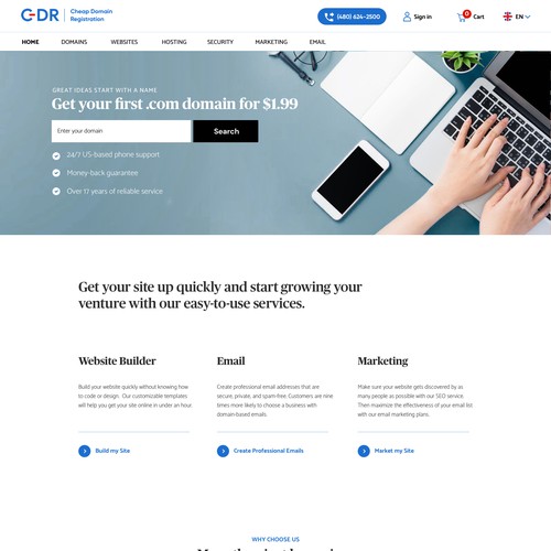 Clean and minimal style for the homepage of Domain registration service provider