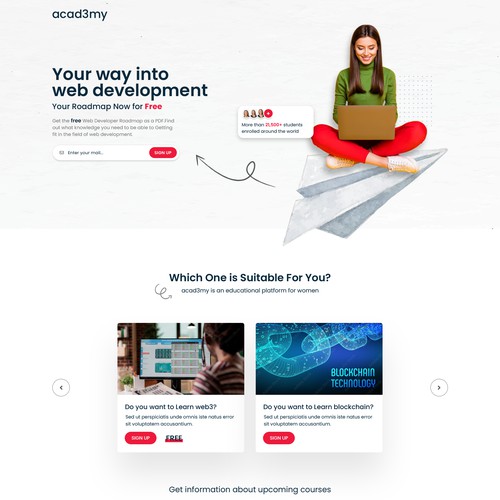 Landing page for (female) tech educational web courses