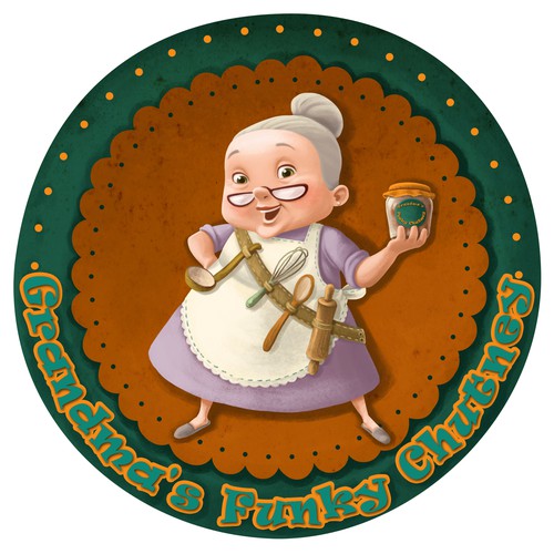 Create  an illustration of a grandma for a chutney label 