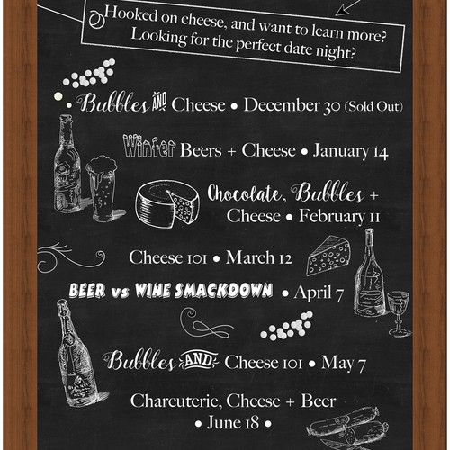 Chalkboard signage for cut to order cheese shop.