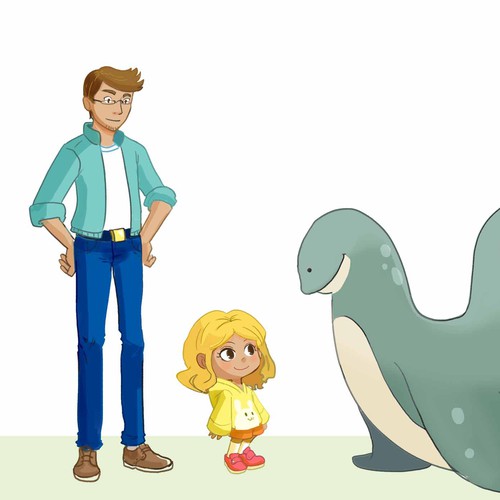 Create three characters for a children's book: Dad, kid & lake monster (think Ugly Doll, Olivia Pig)