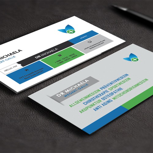 Create a business card that shows strong motivation towards thepatients and give impression he/she is cared for