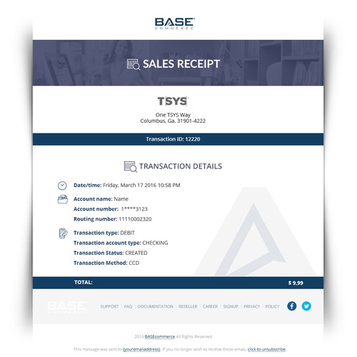 Style a simple and sleek sales receipt design for Base Commerce