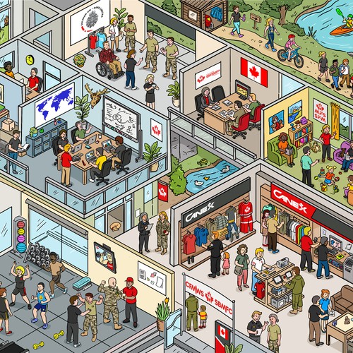 Illustration of buildings with people in it.