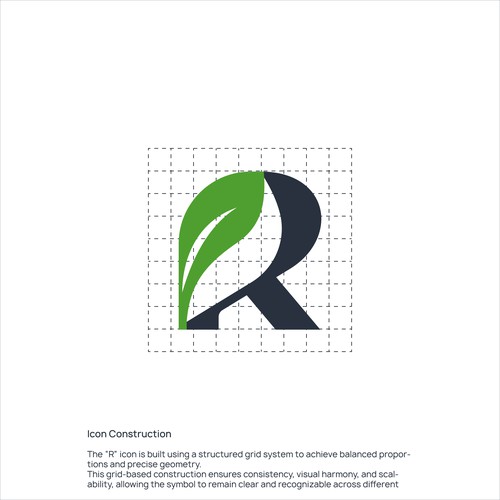 Modern energy logo featuring a stylized “R” with leaf and flame elements