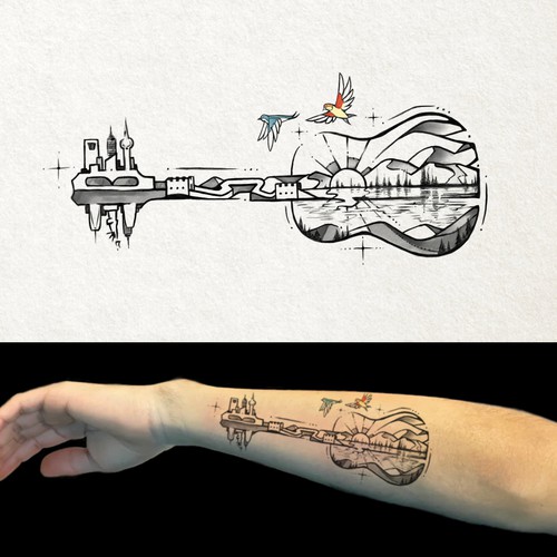 Guitar & Birds Tattoo