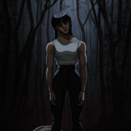 intimidating female character scene in the middle of a forest