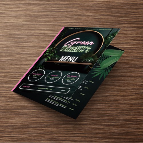 Menu for vegan restaurant with neon branding