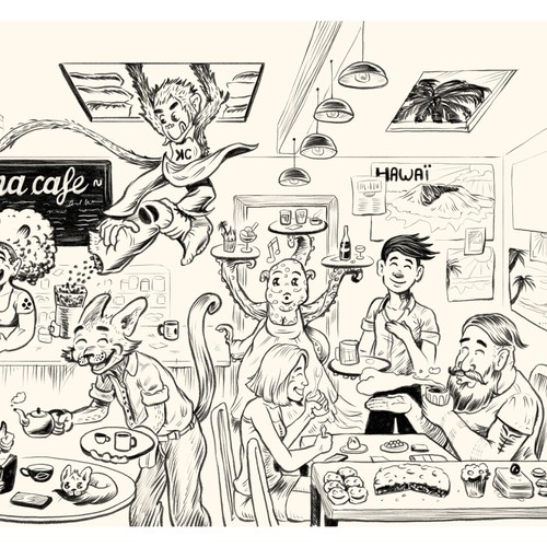 character design et ambiance dans un café 