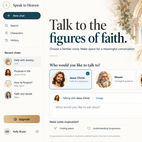 SpeakToHeaven.com Chatbot design. allows users to have AI-powered conversations with religious and biblical figures.