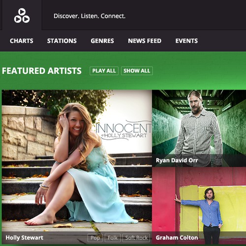 Web site design for music social network and streaming service