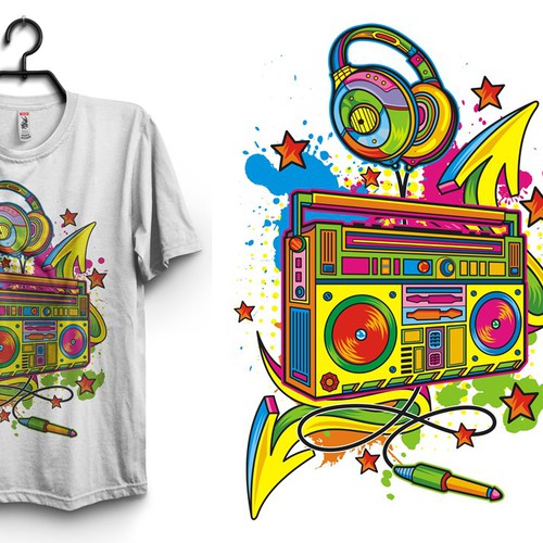 Boom box, creative patterns/colors maybe graffiti, trendy. 