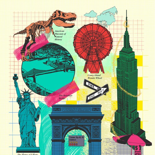 NYC Tourist Attractions Collaged Illustration for Greeting Card