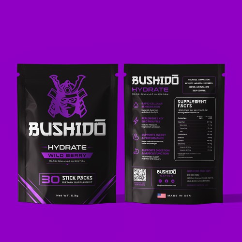 Bushido hydrate bag packaging design