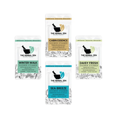 Minimalistic and playful sachet design for shower steamers product line  