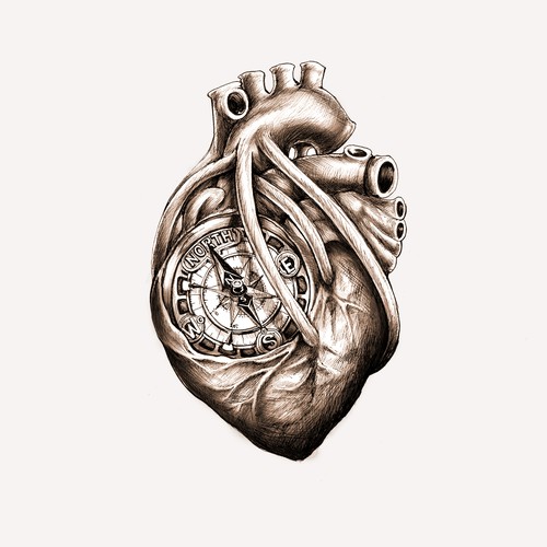 Greyscale Drawing of Da Vinci Anatomical Heart w/ Nautical Compass for Tattoo