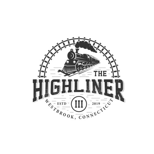 Design a vintage train logo for a bar on the shore, The Highliner III