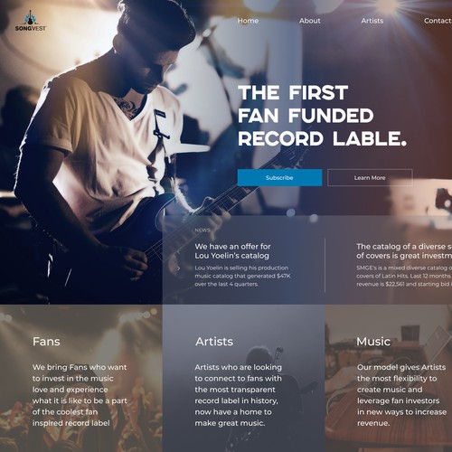 Landing Page for fans funded record label
