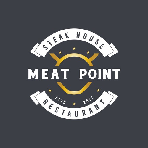 logo concept for steak house "Meet Point"