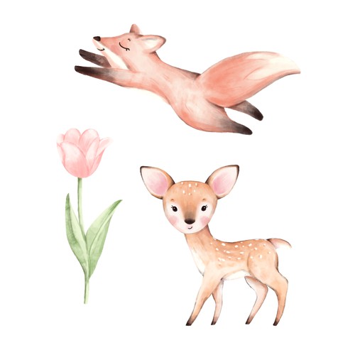 Illustration of a fox, deer, and tulip