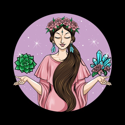 women with flowers in her hair holding crystals