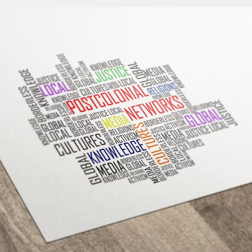 creative, interwoven and unexpected logo display of selected words for a global justice org