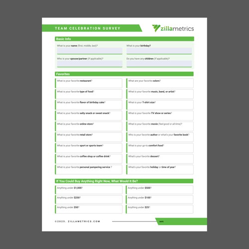 ZillaMetrics – Team Celebration Profile Fillable PDF