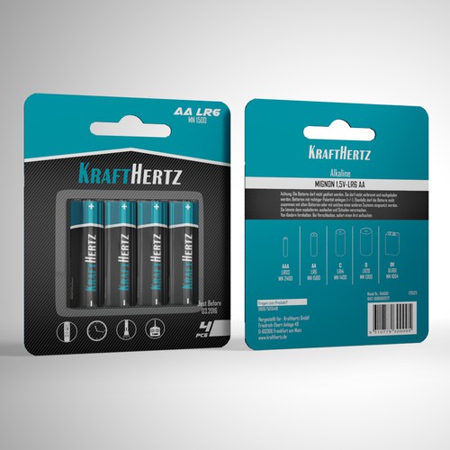 German company needs a high end battery label and packing design for its brand KRAFTHERTZ