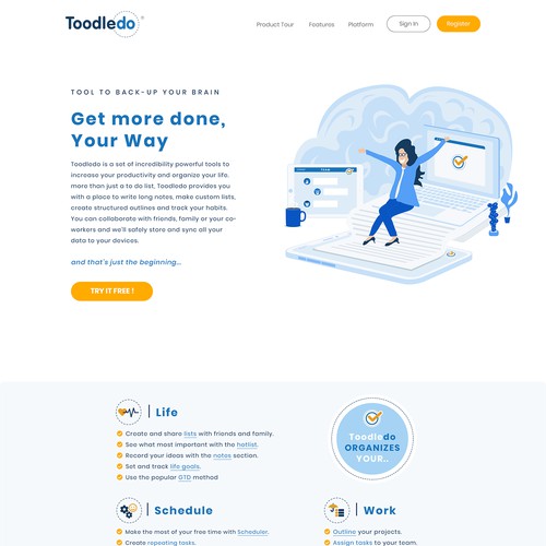 Startup app web design for Toodledo