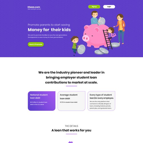 Savings Money for kids landing page
