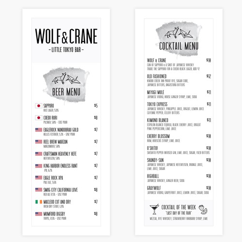 Wolf & Crane Alcohol Selections Menu