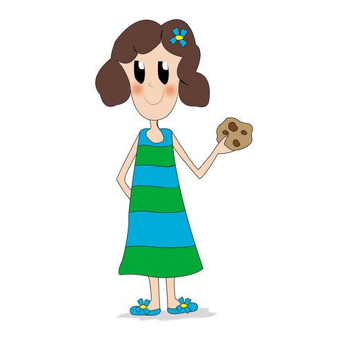 Create a cute, simple and stylish illustration of a girl holding a chocolate chip cookie.