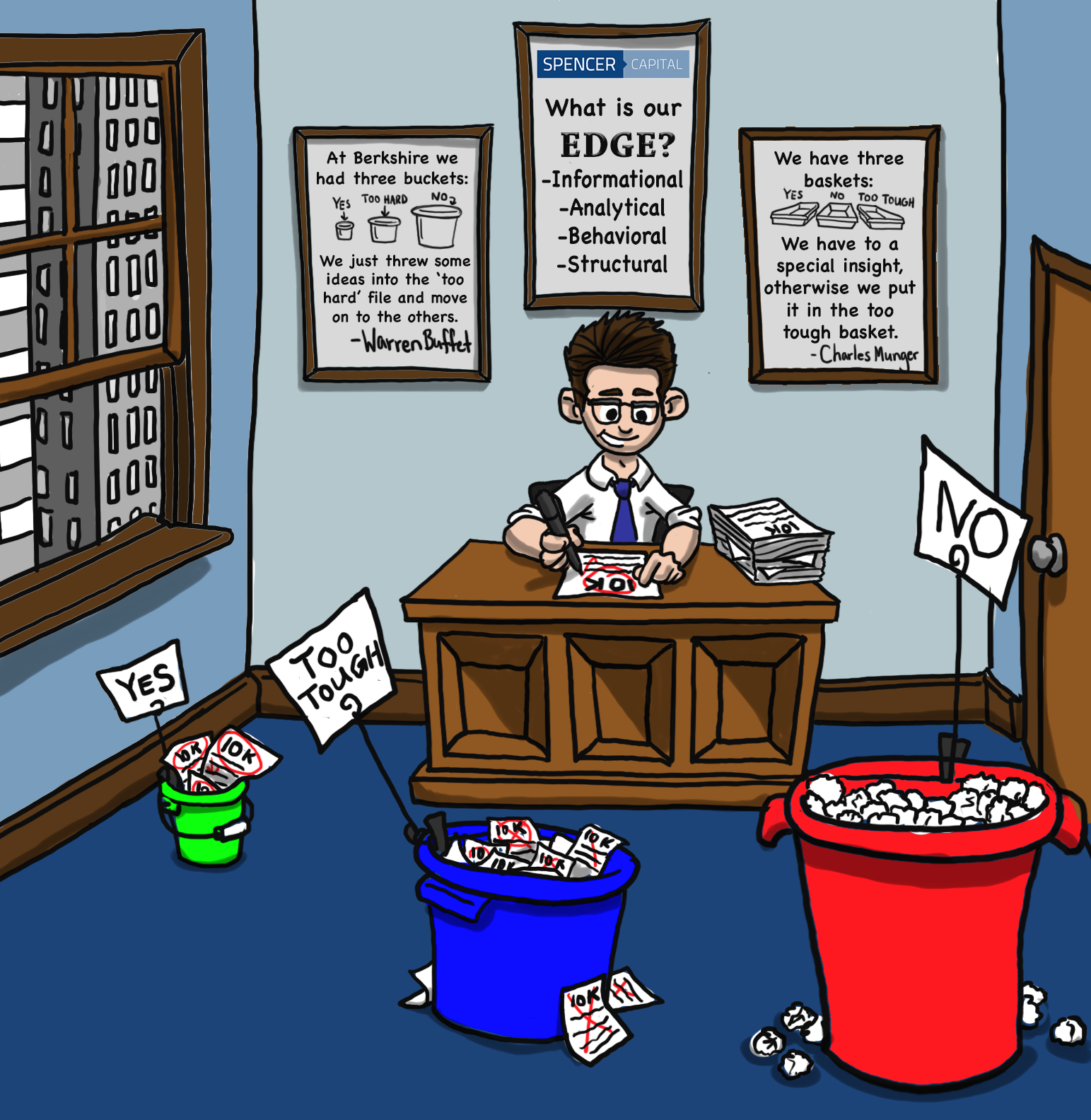 Cartoon of three buckets