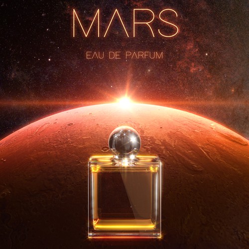 Perfume bottle with Mars in the background.