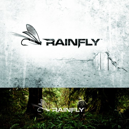 Create a logo for RAINFLY. This will encompass a rain drop and a fly fishing fly
